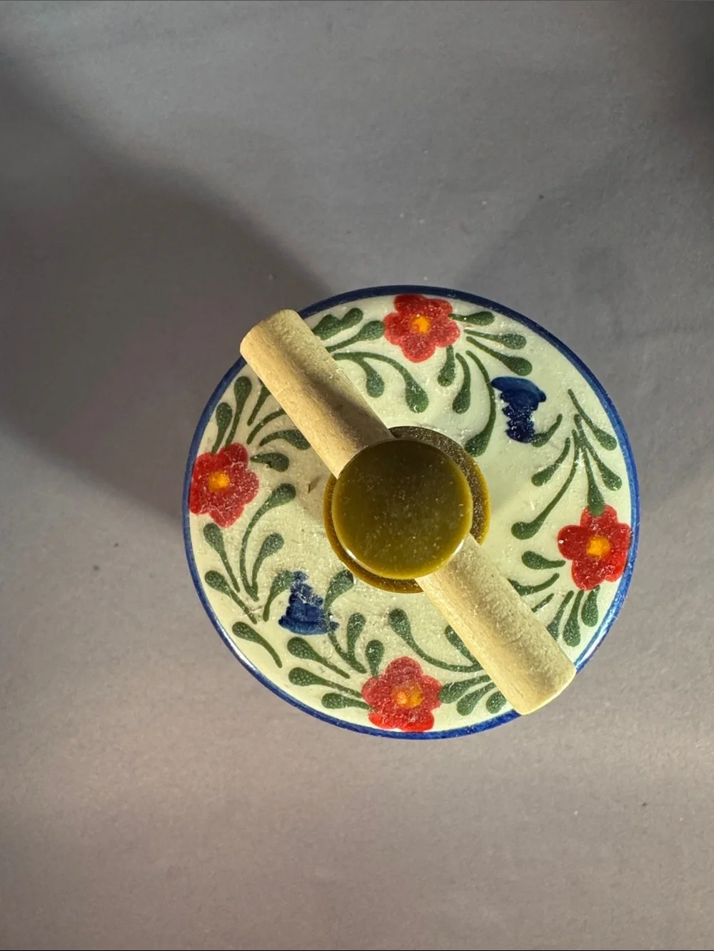 Hand-Painted Ceramic Herb/Butter Press - Cream with Blue & Floral Accent